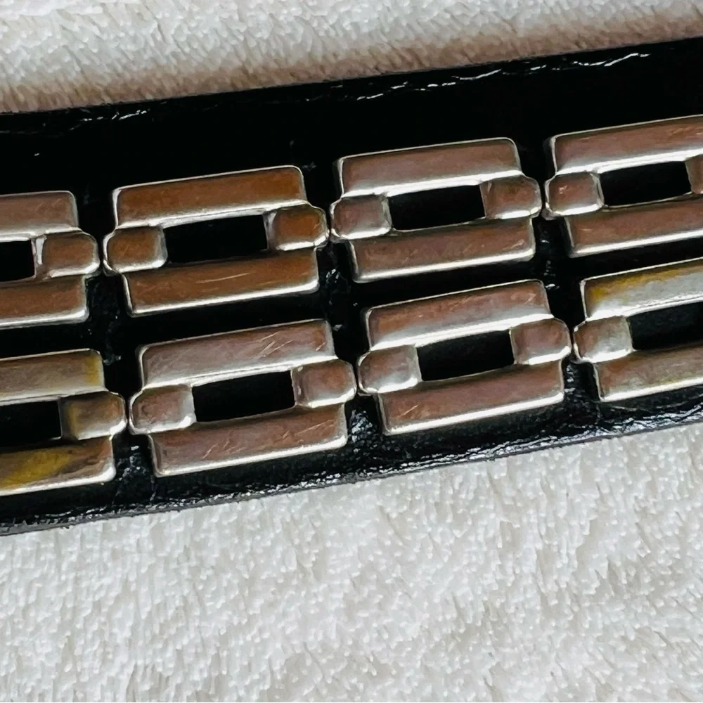 SILVER HEAVY METAL CHAIN AND BLACK LEATHER MOTO BELT SIZE 38 VINTAGE
